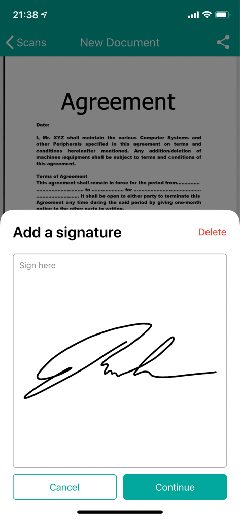 署名済みの契約書を表示するドキュメントスキャナーアプリのデジタル署名インターフェース。
