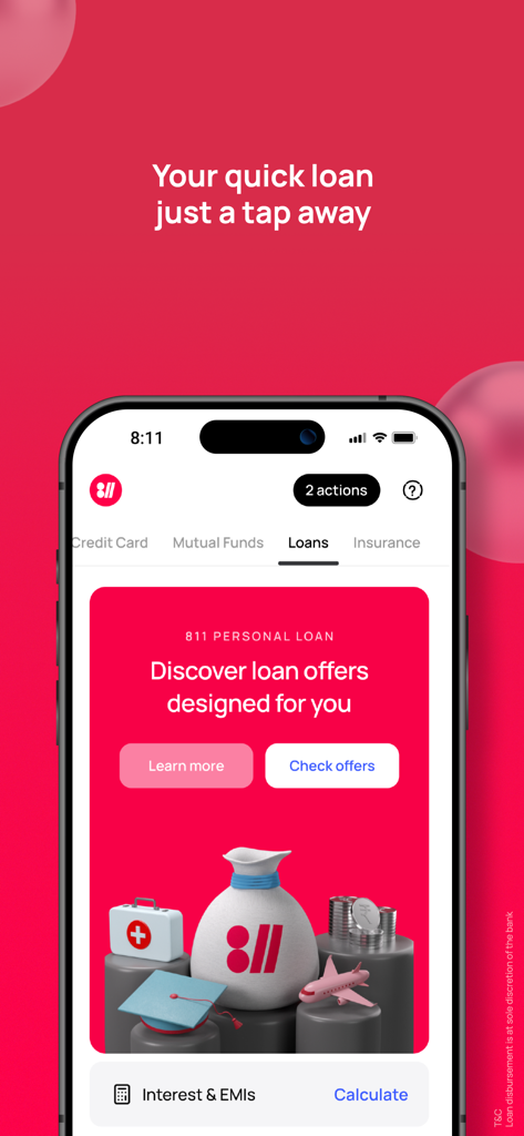 Kotak 811 mobile app personal loan interface showing custom loan offers and EMI calculator
