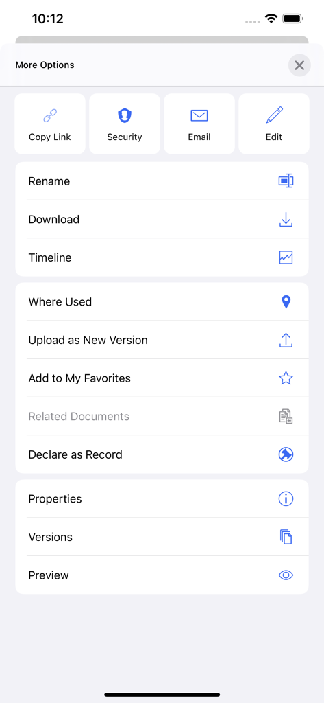 iManage Work 10 Mobility - Mobile app interface displaying document management options like security, edit, and version control.
