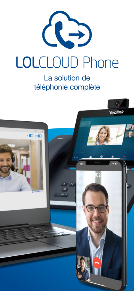 LOL Cloud Phone app showing video calls on a laptop, smartphone, and tablet.