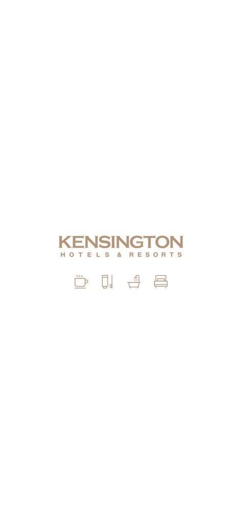 Logotipo de Hoteles y Resorts Kensington e iconos de viaje sobre un fondo minimalista