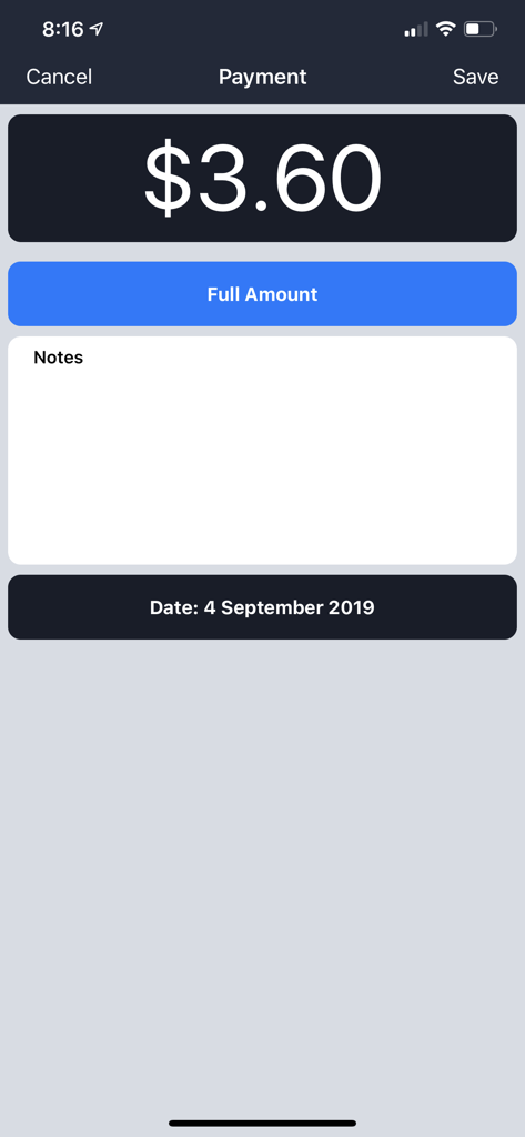 Bildschirm der mobilen App, der einen Zahlungseingang von 3,60 Dollar mit einem Notizenbereich und einer Datumsauswahl zeigt.