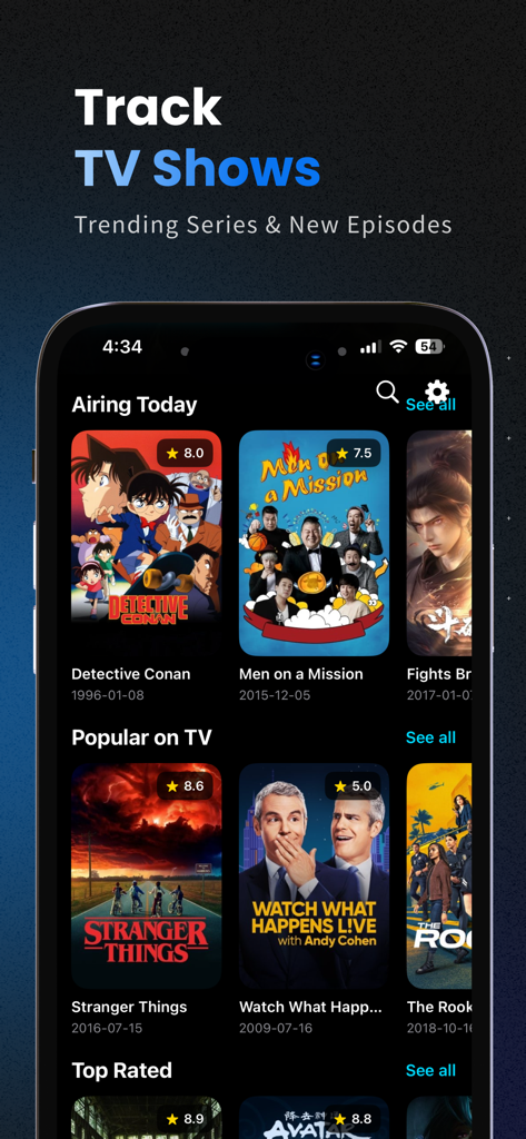 MovieBox app interface showing airing today and popular tv shows with ratings