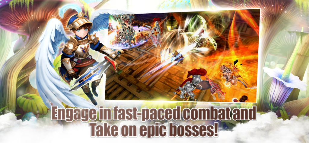 Flyff Legacy - Anime MMORPG - Personaje de caballero alado junto a una escena de combate rápido y batallas contra jefes