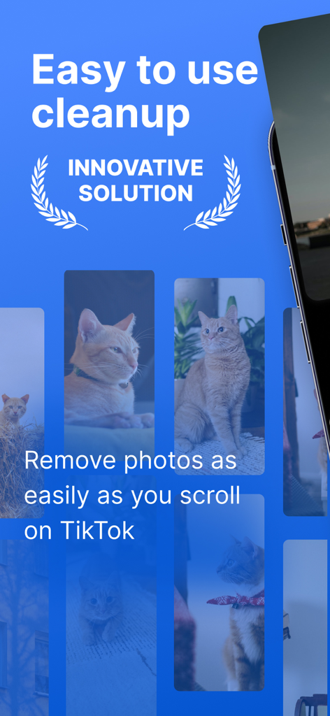 Cleaner MAX app screenshot highlighting easy photo cleanup with TikTok style scrolling interface and cat images