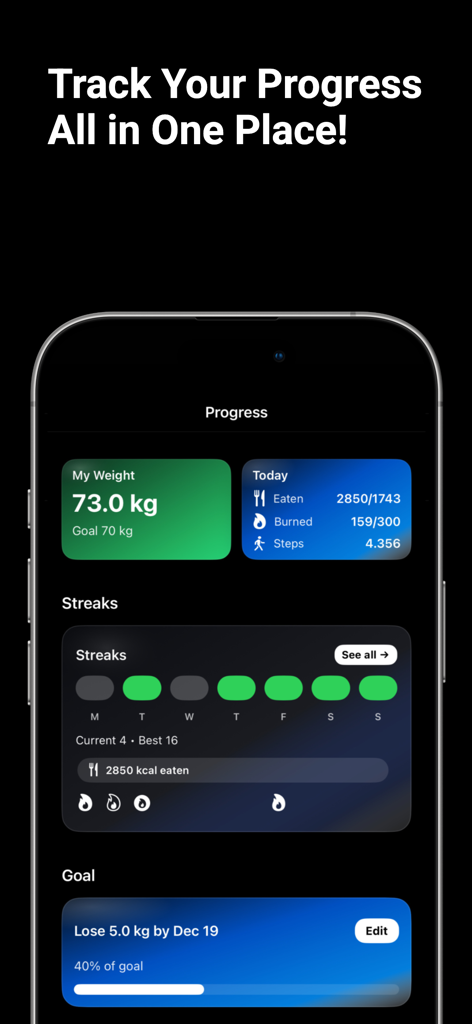 CountFit AI - Calorie Counter - Panel de la aplicación CountFit AI que muestra el progreso del peso, la ingesta diaria de calorías y las rachas de actividad.