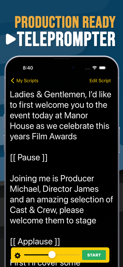 Un écran de téléphone portable montrant un script dans l'application Teleprompter avec des contrôles de vitesse