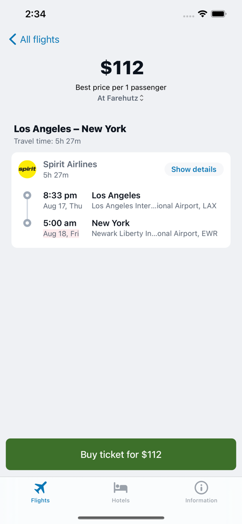 Detalles del vuelo de Spirit Airlines de Los Ángeles a Nueva York por 112 dólares