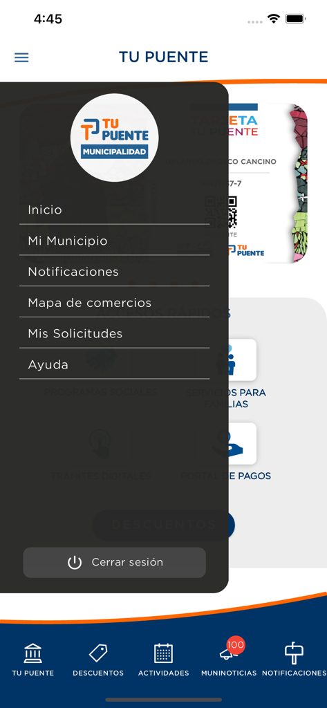 Tu Puente - Menú de navegación de la aplicación móvil Tu Puente mostrando servicios locales y configuración de la cuenta