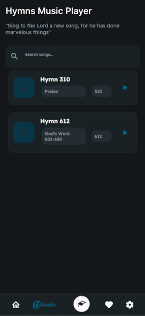 Hymns Music Player interface showing a search bar and a list of audio hymns in the CCC NAP Hymns app