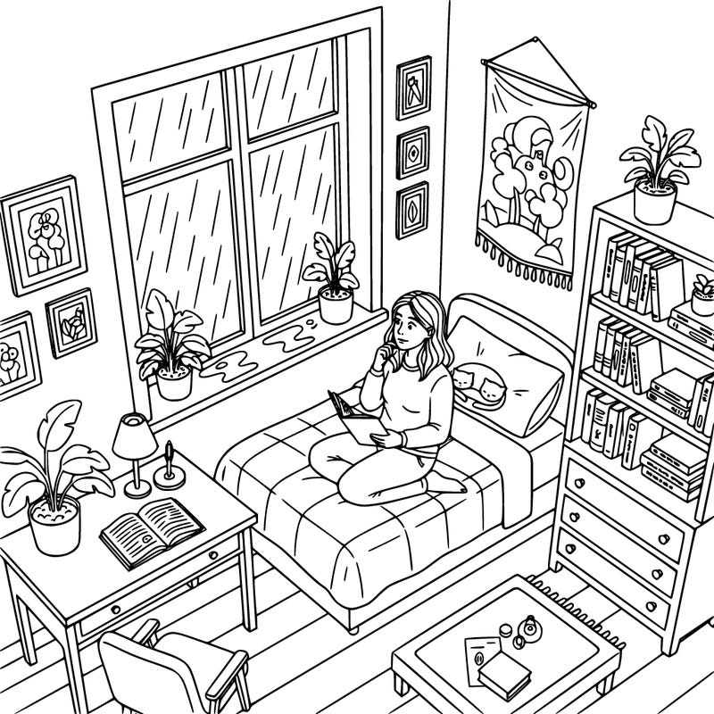 woman sitting in her room journaling,  it is raining outside,  she is looking out of the window in deep thought.  in her room is a desk, bed, other furniture,  decorations on walls, plants, pet laying on bed