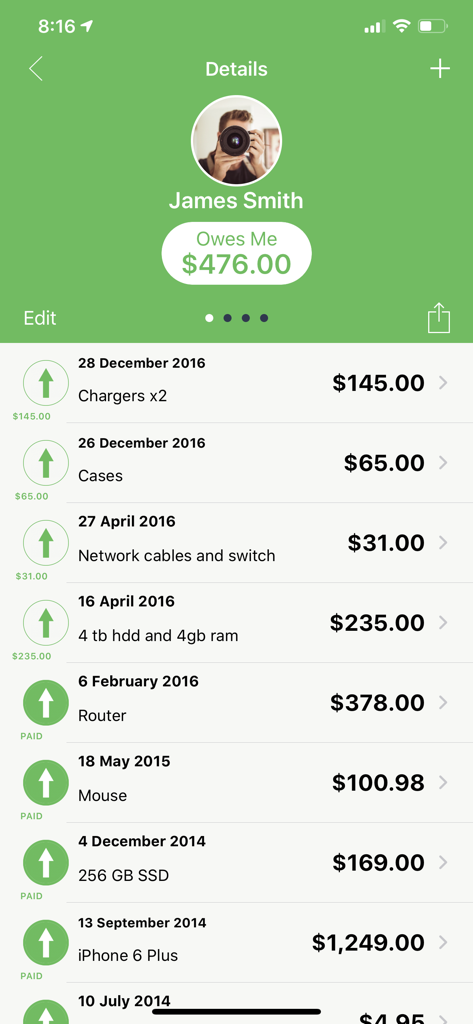 Mobile app screen showing a detailed debt history and total balance owed by a contact