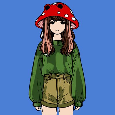 a realistic girl with a frog hat and baggy mushroom shirt