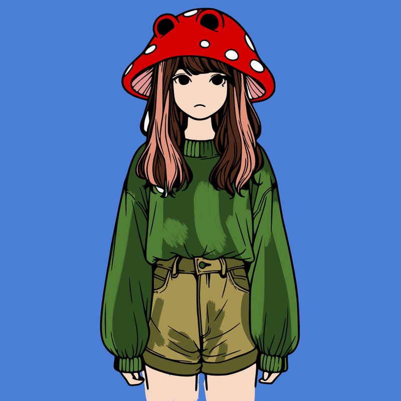 a realistic girl with a frog hat and baggy mushroom shirt