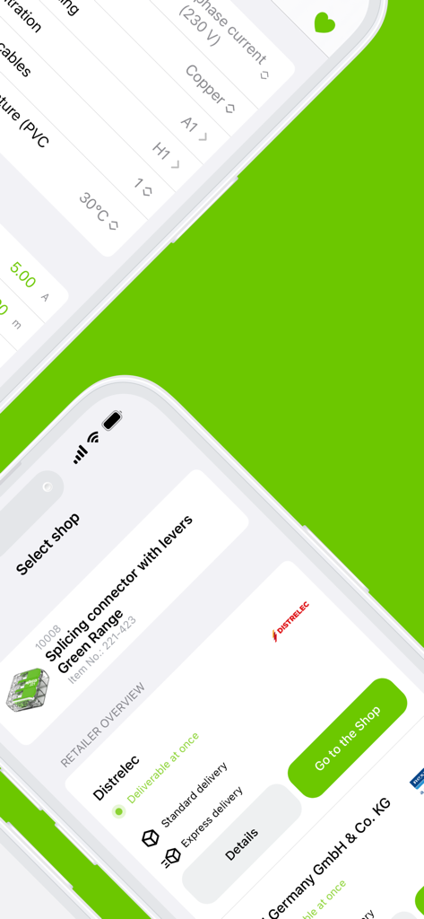 Interface of the WAGO app showing an electrical engineering calculator and a retailer selection page for splicing connectors