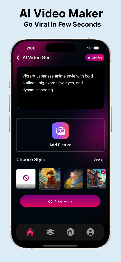 Jasper - AI video Generator - Jasper AI video generator interface showing a text prompt box for anime style and a style selection carousel.