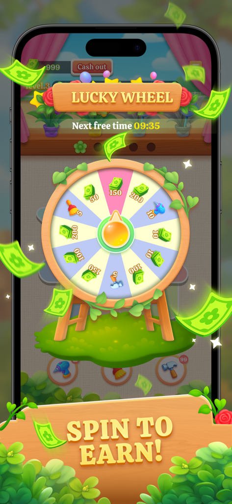 A colorful floral lucky wheel in the Frenzy Screw Puzzle game where players can spin to earn cash rewards and power up tools
