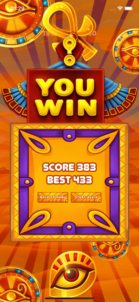 Ancient Spike Assault win screen showing a score of 383 and an Egyptian themed background with Eye of Horus symbols