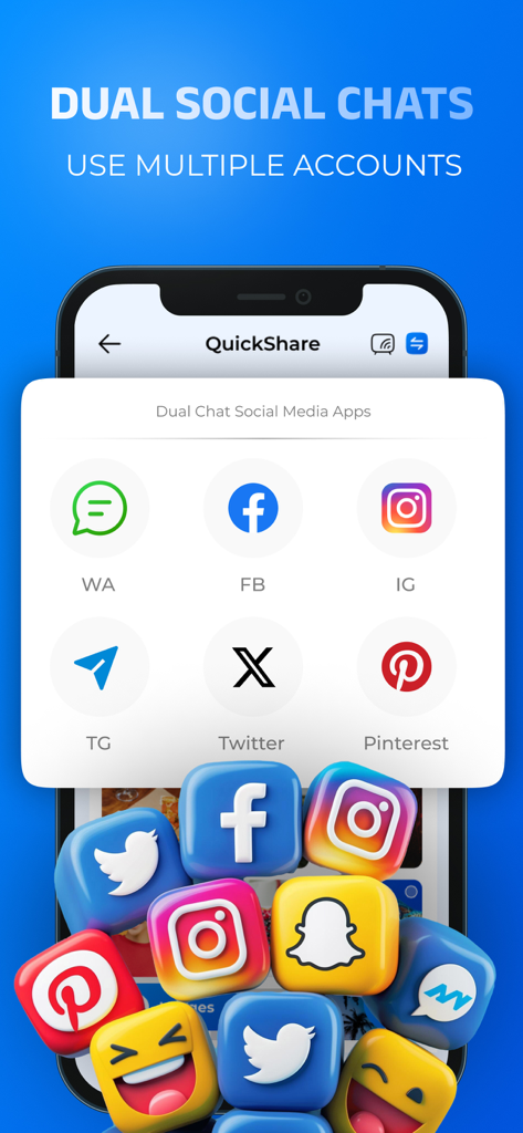 Quick Share: Fast File Sharing - Interfaz que muestra la función de chats sociales duales para gestionar múltiples cuentas.