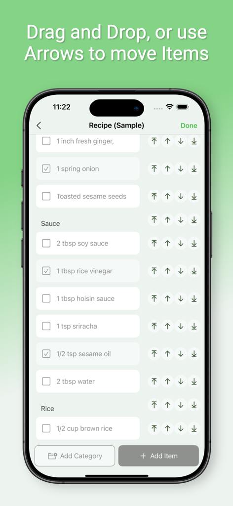 Shopping List : Shoppi - Interface of Shoppi app showing a recipe list with sorting arrows and category groups.