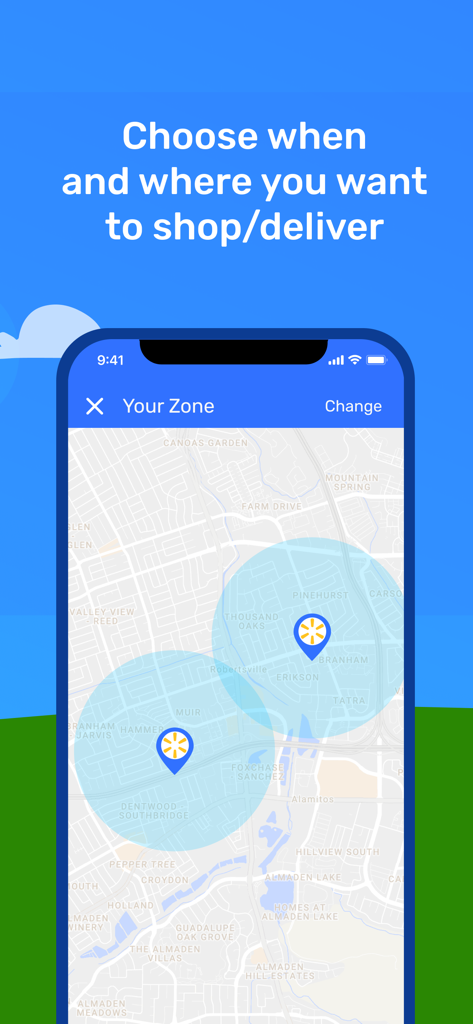 Spark Driver app interface showing delivery zones on a map with Walmart store locations