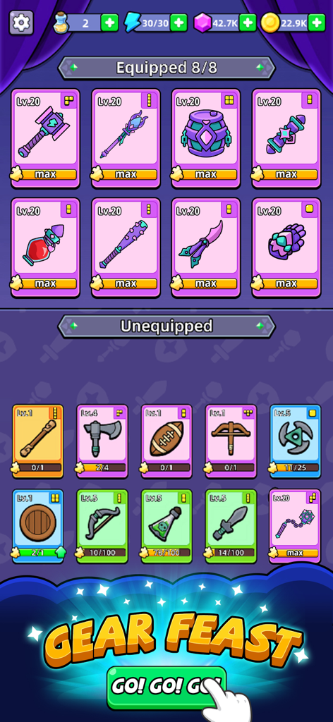 Rumble Bag: backpack battle - Pantalla de gestión de inventario en Rumble Bag que muestra tarjetas de armas equipadas y no equipadas