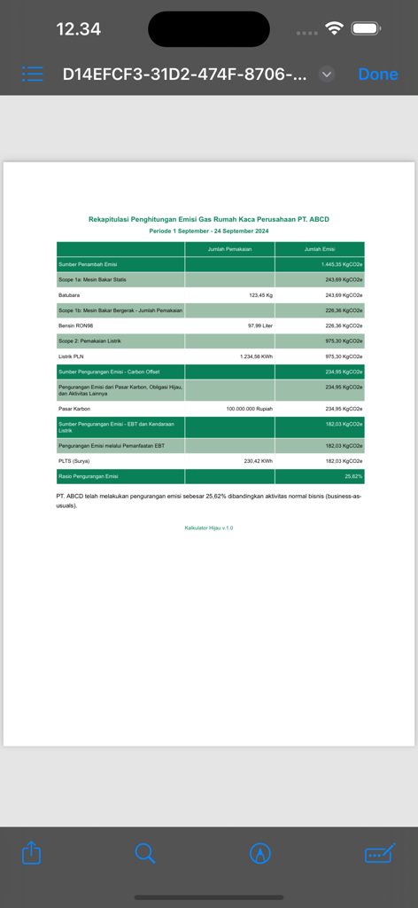 A detailed greenhouse gas emission summary report showing scopes and reduction percentages