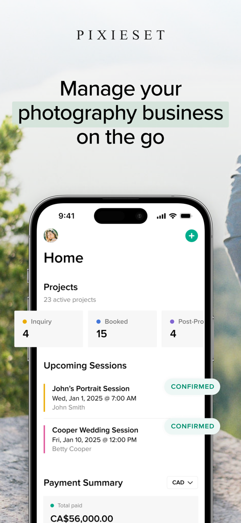Pixieset – Studio Manager - Pixieset Studio Manager home dashboard on an iPhone showing project tracking and upcoming photography sessions