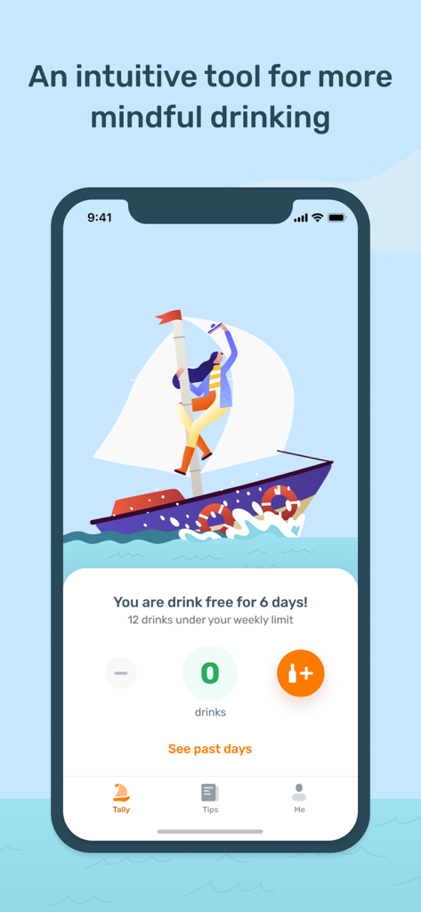 Less - Alcohol Tracker - Less app interface showing a six day drink free streak and a sailing illustration for mindful drinking