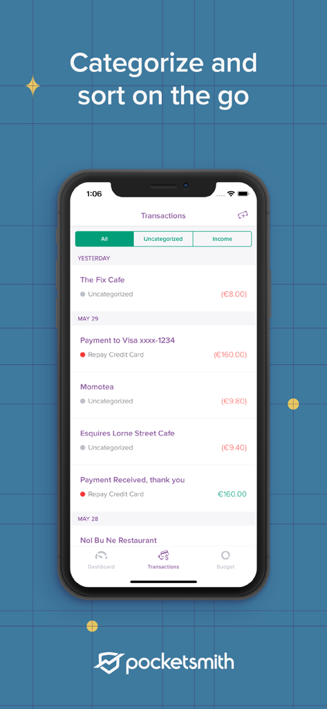 PocketSmith Sidekick - PocketSmith Sidekick mobile app showing a list of financial transactions with options to categorize and sort on the go
