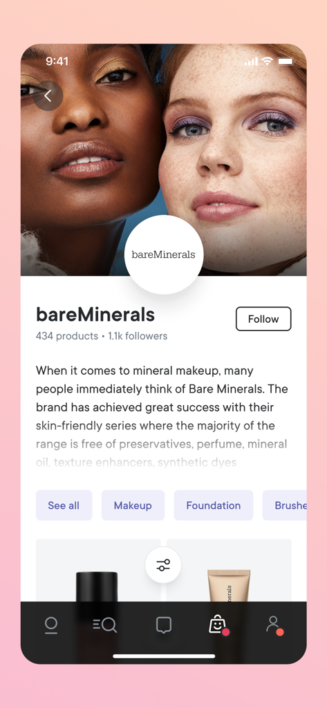 Lyko - Profilo del marchio bareMinerals sull'app Lyko che mostra prodotti e informazioni sulla community di bellezza