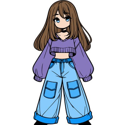 cute girl with straight hair in baggy jeans and a crop top and a sweater