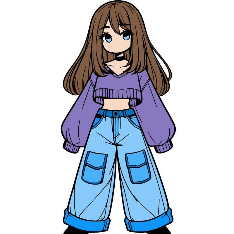 cute girl with straight hair in baggy jeans and a crop top and a sweater