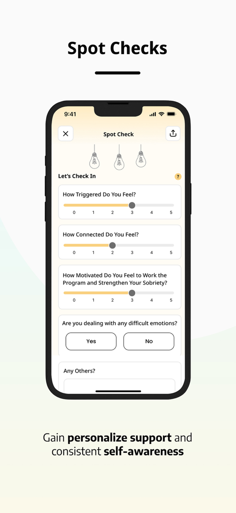 OpenRecovery - OpenRecovery app interface showing a spot check screen with sliders for tracking emotional triggers and motivation