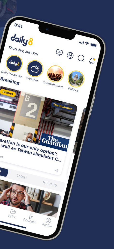 Daily8 app main interface displaying breaking news headlines and story categories like Politics and Entertainment.