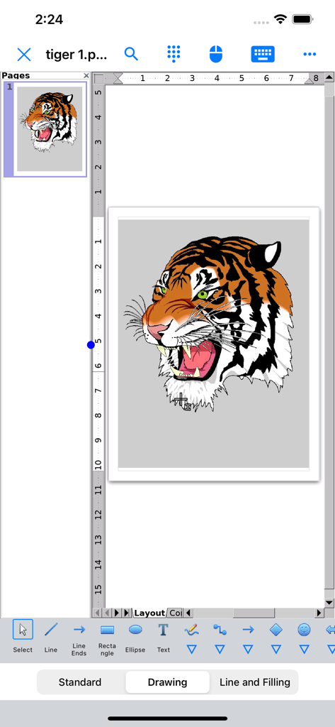 AO Office Pro interface displaying a tiger head illustration in the Draw module