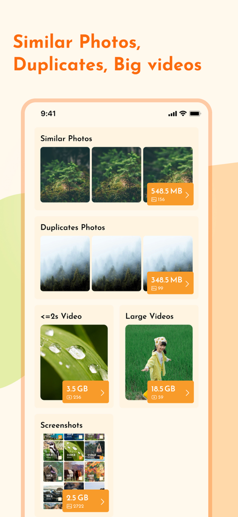 Photo Deleter: Photo Cleaner - La aplicación Doggy Cleaner muestra categorías de almacenamiento para fotos similares y videos grandes