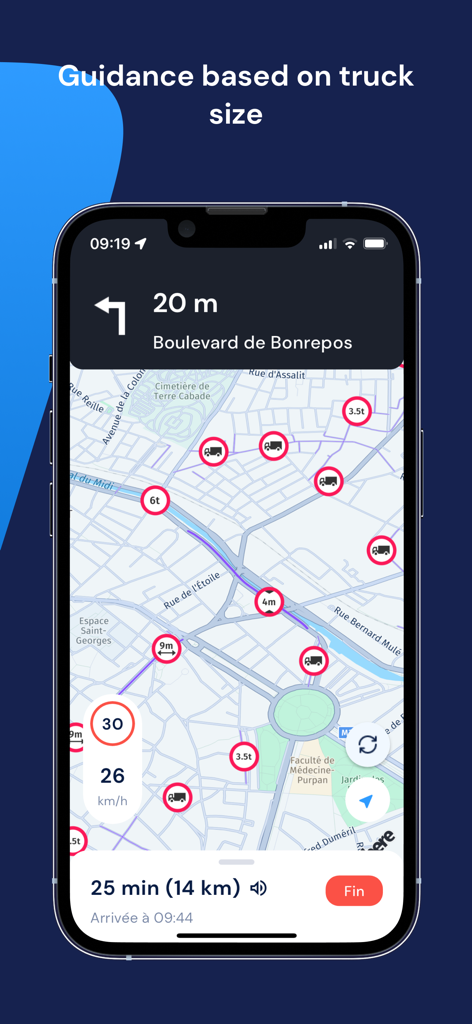 NavXL Truck Navigation - NavXL App-Bildschirm, der die LKW-Navigation mit Straßensperrungen basierend auf der Fahrzeuggröße anzeigt.