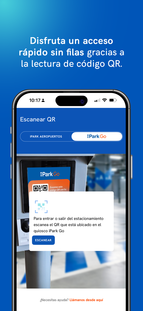 iPark Estacionamientos - iPark Go app screen displaying a QR code scanner for fast parking lot access without lines
