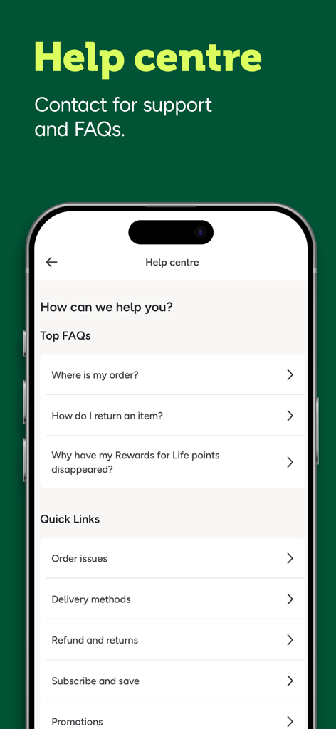 Der Hilfe-Center-Bildschirm der Holland and Barrett App mit FAQs zu Bestellungen, Rücksendungen und Prämienpunkten sowie Schnelllinks zum Kundensupport.