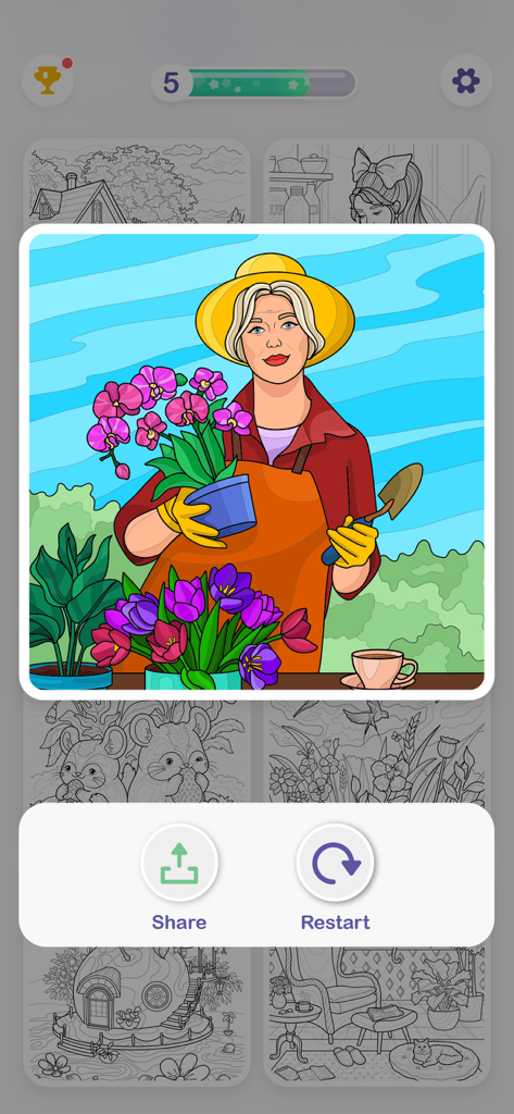 Paint by Number Oil: Hey Color - Fertiggestelltes Ölgemälde einer Frau, die in der Hey Color App gärtnert