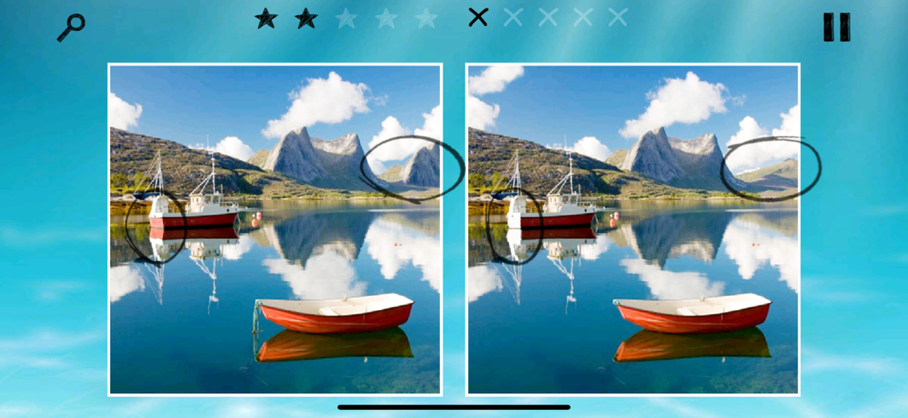 間違い探し～のゲームプレイ。赤いボートと山のある景色の良い湖が表示されています。