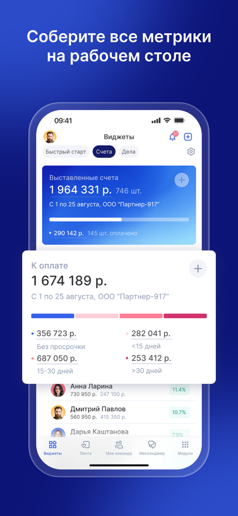 Аспро.Cloud - Aspro Cloud 모바일 앱 인터페이스는 비즈니스 재무 위젯 및 팀 성과 지표를 보여줍니다