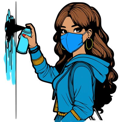 realistic girl with mask spray painting a wall