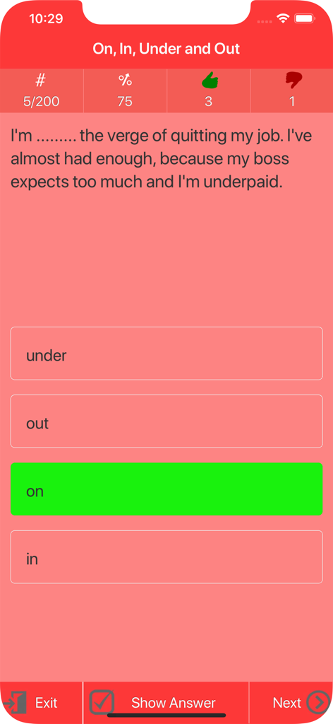 Advanced English Grammar - Advanced English grammar preposition quiz question screen with multiple choice answers and user statistics