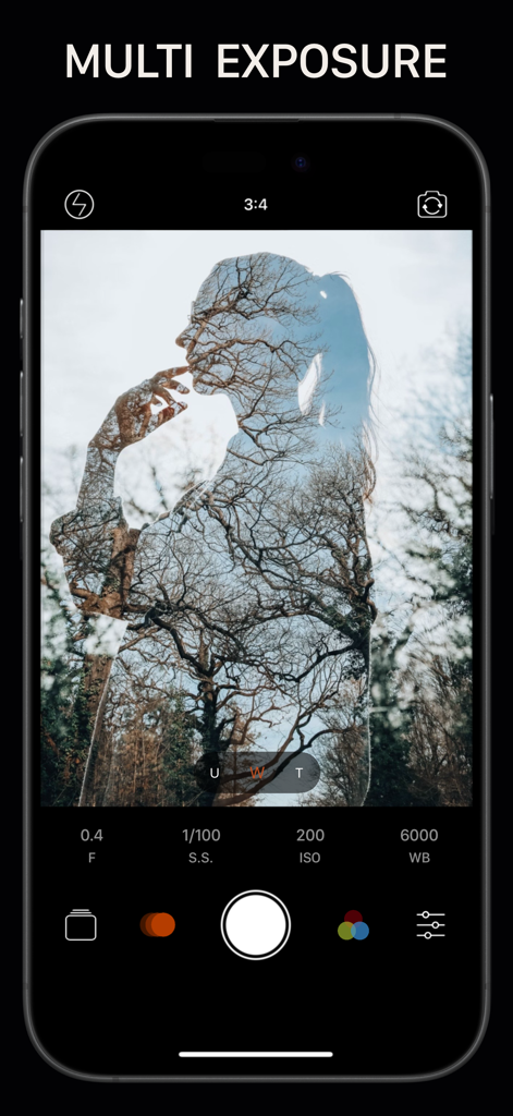 Screenshot of Pro Camera app interface showcasing the Multi Exposure feature with a silhouette and tree overlay.