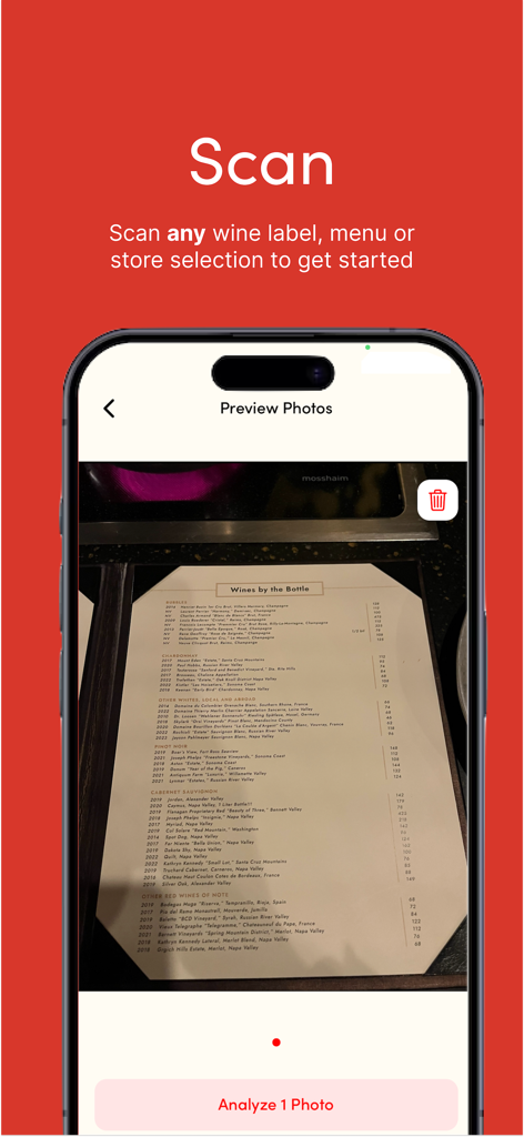 A smartphone interface scanning a restaurant wine list using the Wine Find app to identify bottles and prices.