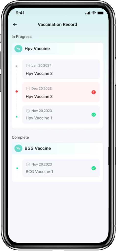 ALHOSN UAE - Digital vaccination record screen in the ALHOSN UAE app showing vaccine history and status