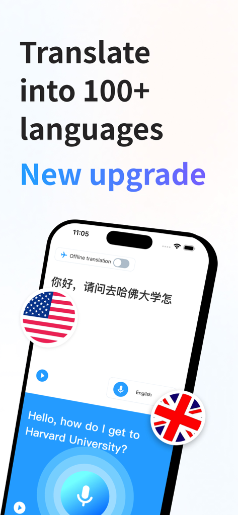 Translator : Dialogue & Text - Schermata dell'iPhone che mostra l'interfaccia dell'app Traduttore con traduzione di testo da cinese a inglese e funzione di input vocale