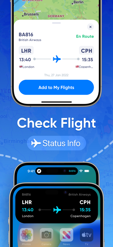 Flight Tracker・Air Plane Radar - ロンドンからコペンハーゲンへのブリティッシュ・エアウェイズのフライト状況を表示し、マイフライトに追加ボタンを備えたモバイルアプリ画面